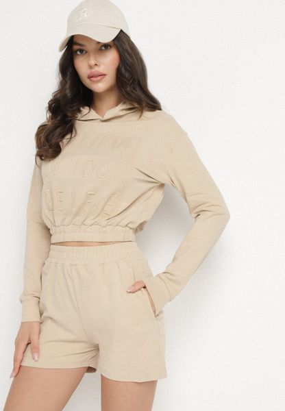 Beżowy Bawełniany Komplet Sportowy Bluza z Kapturem i Szorty Izilia. Brązowe bluzy damskie Born2be, bez wzorów, z bawełny. Za 99.99 zł.
