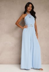 Niebieski Kombinezon Koktajlowy Ozdobiony Paskiem z Metaliczną Klamrą Zermira. Niebieskie sukienki damskie Renee, bez wzorów, eleganckie, bez ramiączek. Za 179.99 zł.