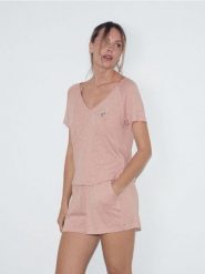 Piżama z lnem i wiskozą - brudny róż. Czerwone piżamy damskie Reserved, bez wzorów, z dzianiny, bez ramiączek. Za 139.99 zł.