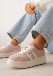 Różowe Skórzane Sneakersy na Grubej Podeszwie Zdobione Drobną Perforacją Serinatea. Czerwone obuwie sportowe damskie Born2be, z jeansu, bez zapięcia. Za 199.99 zł.