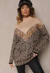 Beżowy Sweter z Wiskozą w Panterkę z Ozdobnymi Cekinami Firimi. Brązowe swetry klasyczne damskie Renee, z wiskozy, bez kołnierzyka. Za 149.99 zł.