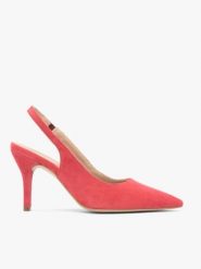 Czerwone czółenka bez pięty slingback. Czerwone czółenka damskie Ryłko, bez wzorów, z gumy, bez obcasa, na obcasie. Za 399.99 zł.
