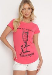 Różowy Klasyczny T-shirt z Bawełny Ozdobiony Nadrukiem Getantia. Czerwone t-shirty damskie Born2be, l, bez wzorów, z bawełny, bez kołnierzyka. Za 34.99 zł.