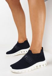 Granatowe Buty Sportowe ze Skarpetkową Cholewką i Napisem Thirllas. Niebieskie obuwie sportowe casual damskie Born2be. Za 54.99 zł.