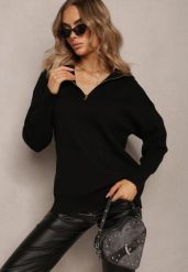 Czarny Golf w Stylu Sweterkowym z Zamkiem na Dekolcie Davinde. Czarne golfy damskie Renee, m, bez wzorów, z tkaniny, bez ramiączek. Za 79.99 zł.