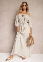 Jasnobeżowa Bawełniana Sukienka z Muślinu Wiązana przy Dekolcie z Paskiem i Gumką w Talii Tasda. Brązowe sukienki damskie Renee, bez wzorów, z bawełny, bez ramiączek. Za 139.99 zł.