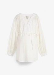 Bluzka ciążowa z muślinu z bawełny. Białe bluzki damskie bonprix, z aplikacjami, z bawełny, eleganckie, bez kołnierzyka, moda ciążowa, bez ramiączek. Za 144.99 zł.