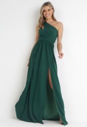 Zielona Sukienka Maxi Na Jedno Ramię z Rozcięciem na Dole Jasminta. Zielone sukienki damskie Born2be, bez wzorów, eleganckie, bez ramiączek. W wyprzedaży za 144.49 zł.