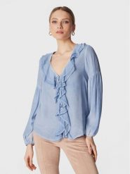 Guess Bluzka W3RH58 WF5K0 Niebieski Regular Fit. Niebieskie bluzki damskie Guess, xs, z aplikacjami, z wiskozy, bez kołnierzyka, bez ramiączek. W wyprzedaży za 309.99 zł.