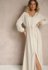 Jasnobeżowa Sukienka z Lnem i Wiskozą o Rozkloszowanym Kroju z Ozdobnymi Guzikami Maitena. Brązowe sukienki damskie Renee, bez wzorów, z wiskozy, eleganckie, bez ramiączek. W wyprzedaży za 167.99 zł.