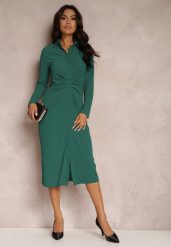Ciemnozielona Sukienka Koszulowa z Marszczeniem Zegera. Zielone sukienki damskie Renee, z aplikacjami, z tkaniny, eleganckie, bez ramiączek. W wyprzedaży za 76.99 zł.