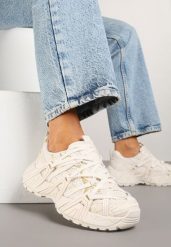 Beżowe Sneakersy z Geometrycznym Tłoczeniem Pollisse. Brązowe obuwie sportowe damskie Born2be, z jeansu, bez zapięcia. Za 109.99 zł.