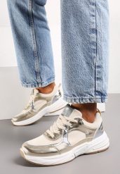 Beżowo-Złote Sznurowane Sneakersy Ozdobione Metaliczną Wstawką Kizria. Brązowe obuwie sportowe damskie Renee, na wiosnę, z jeansu, bez zapięcia. Za 49.99 zł.