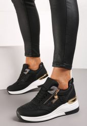 Czarne Błyszczące Sneakersy na Koturnie z Metalicznymi Detalami i Sznurowaniem Teissa. Czarne obuwie sportowe damskie Renee, bez zapięcia. Za 79.99 zł.