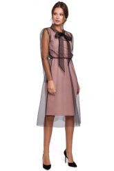 Pudrowa Elegancka Sukienka z Tiulem. Czarne sukienki damskie MAKEOVER, bez wzorów, z elastanu, eleganckie, bez ramiączek. Za 238.90 zł.