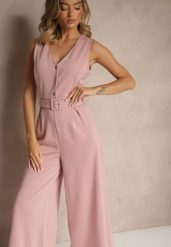 Różowy Kombinezon o Taliowanym Kroju z Wiskozą i Paskiem Raliorea. Czerwone sukienki damskie Renee, bez wzorów, z wiskozy, eleganckie, bez ramiączek. W wyprzedaży za 135.99 zł.
