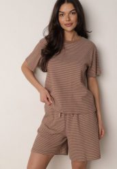 Brązowe Bawełniane Szorty Dresowe w Drobne Paseczki Wiązane na Sznurki Loregune. Brązowe szorty damskie Born2be, bez wzorów, z bawełny. Za 59.99 zł.