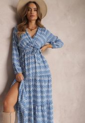 Niebieska Sukienka Rozkloszowana z Gumką w Pasie Kefem. Niebieskie sukienki damskie Renee, bez wzorów, z materiału, boho, bez ramiączek. W wyprzedaży za 99.99 zł.