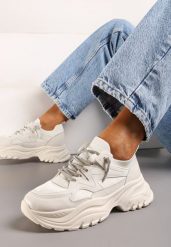 Beżowe Sneakersy Wsuwane ze Zdobionymi Sznurówkami na Grubej Podeszwie Destal. Brązowe obuwie sportowe damskie Renee, z jeansu, bez zapięcia. Za 99.99 zł.