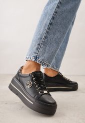 Czarne Skórzane Sneakersy na Koturnie Ozdobione Metalicznymi Aplikacjami Acaledice. Czarne obuwie sportowe damskie Renee, z jeansu, bez zapięcia. Za 169.99 zł.