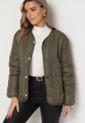 Zielona Dwustronna Kurtka z Ozdobnym Pikowaniem i Guzikami Dewan. Zielone kurtki damskie Born2be, l, bez wzorów, bez kaptura. Za 59.99 zł.