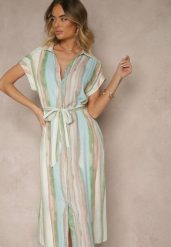 Niebiesko-Beżowa Wiskozowa Sukienka Koszulowa z Wiązanym Paskiem Iffema. Niebieskie sukienki damskie Renee, z aplikacjami, z wiskozy, eleganckie, bez ramiączek. W wyprzedaży za 99.99 zł.