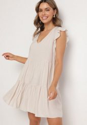 Jasnobeżowa Rozkloszowana Sukienka z Bawełny Ozdobiona Falbankami Natiriane. Brązowe sukienki damskie Born2be, bez wzorów, z bawełny, eleganckie, bez ramiączek. Za 69.99 zł.