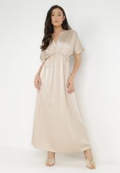 Jasnobeżowa Sukienka Satynowa Alemyllis. Brązowe sukienki damskie Born2be, bez wzorów, z satyny, klasyczne, bez ramiączek. Za 139.99 zł.