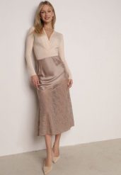 Beżowa Spódnica z Satyny z Koronką i Rozcięciem na Nogę Doritana. Brązowe spódnice damskie Born2be, na imprezę, l, bez wzorów, z koronki, eleganckie, midi. Za 149.99 zł.