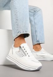 Białe Sneakersy na Grubej Podeszwie w Paski i Suwakiem Koralea. Białe obuwie sportowe damskie Born2be, z jeansu, bez zapięcia, trekkingowe. Za 99.99 zł.