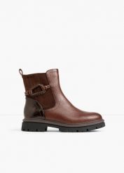 Sztyblety Marco Tozzi. Brązowe botki damskie bonprix, z materiału, bez obcasa, bez zapięcia. Za 299.99 zł.