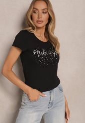 Czarny T-shirt z Bawełny Ozdobiony Napisem i Cyrkoniami Zreadia. Czarne t-shirty damskie Renee, l, bez wzorów, z bawełny, bez kołnierzyka. Za 34.99 zł.