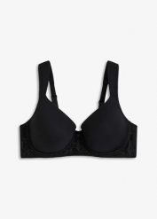 Biustonosz z usztywnianymi miseczkami z miękkiego modalu. Czarne biustonosze bonprix, bez wzorów, z koronki. Za 54.99 zł.