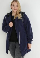 Granatowa Bluza Długa z Kapturem Rhodippe. Niebieskie bluzy damskie Born2be, plus size, bez wzorów, z polaru, z kapturem. Za 119.99 zł.
