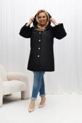 Czarny przejściowy płaszcz damski Arlene o trapezowym kroju z kapturem PLUS SIZE XXL OVERSIZE WIOSNA. Czarne płaszcze damskie Moda Size Plus Iwanek, na jesień, l, bez wzorów, z jeansu, z kapturem. Za 389.90 zł.