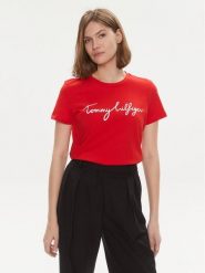 Tommy Hilfiger T-Shirt Signature WW0WW41674 Czerwony Regular Fit. Czerwone t-shirty damskie Tommy Hilfiger, xs, bez wzorów, z bawełny, bez kołnierzyka. Za 119.99 zł.