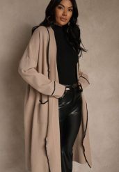 Beżowy Niezapinany Kardigan o Długim Kroju z Lamówką Venisse. Brązowe kardigany damskie Renee, bez wzorów, z jeansu. Za 129.99 zł.