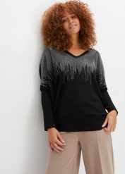 Cienki sweter z aplikacją ze sztrasów. Czarne swetry klasyczne damskie bonprix, bez kołnierzyka. Za 169.99 zł.