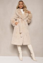 Beżowy Futrzany Płaszcz z Wiązanym Paskiem Ozdobnym Kołnierzem i Mankietami Viaressa. Brązowe płaszcze damskie Renee, l, bez wzorów, z futra, bez kaptura. Za 309.99 zł.