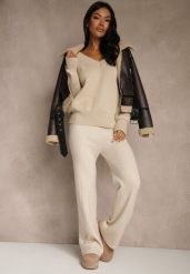 Jasnobeżowe Szerokie Spodnie z Wełną High Waist z Prążkowanego Materiału Reinna. Brązowe spodnie materiałowe damskie Renee, bez wzorów, z jeansu. Za 69.99 zł.