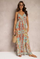 Pomarańczowo-Niebieska Rozkloszowana Sukienka z Wiskozy na Regulowanych Ramiączkach w Stylu Boho Yalfea. Brązowe sukienki damskie Renee, bez wzorów, z materiału, boho, bez ramiączek. W wyprzedaży za 63.99 zł.