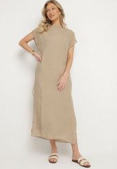 Beżowa Sukienka Pudełkowa Ozdobiona Wiązaniem Napelira. Brązowe sukienki damskie Born2be, bez wzorów, z jeansu, eleganckie, bez ramiączek. Za 109.99 zł.