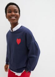 Bluza oversize z bawełny organicznej. Niebieskie bluzy damskie bonprix, bez wzorów, z bawełny, bez kaptura. Za 129.99 zł.