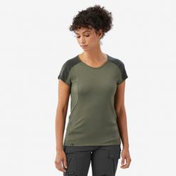 Koszulka damska trekkingowa z krótkim rękawem Merino Resist. Brązowe bluzki damskie FORCLAZ, m, bez wzorów, z elastanu, bez kołnierzyka, bez ramiączek. Za 149.99 zł.
