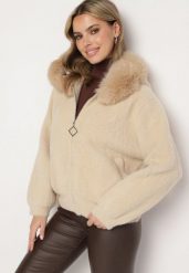 Beżowa Rozpinana Bluza z Wiskozą Wełną i Futerkiem Tesalttia. Brązowe bluzy damskie Born2be, l, z aplikacjami, z jeansu, bez kaptura. Za 219.99 zł.