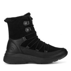 Botki Remonte. Czarne botki damskie Remonte, bez obcasa, na płaskiej podeszwie, bez zapięcia. Za 375.99 zł.