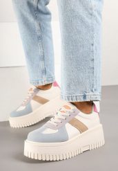 Beżowo-Niebieskie Sneakersy w Stylu Tenisówek na Platformie z Tłoczeniami Firreis. Brązowe kombinezony damskie Born2be, bez wzorów, z jeansu, casualowe, bez kołnierzyka, bez ramiączek. Za 99.99 zł.