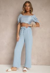 Jasnoniebieskie Szerokie Spodnie High Waist z Gumką w Pasie Savimirae. Niebieskie spodnie materiałowe damskie Renee, bez wzorów, z jeansu. Za 39.99 zł.