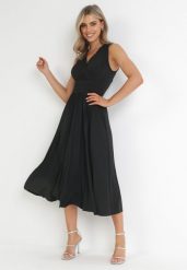 Czarna Sukienka Midi Bez Rękawów z Plisowanym Dołem Dreana. Czarne sukienki damskie Born2be, bez wzorów, eleganckie, bez ramiączek. Za 259.99 zł.