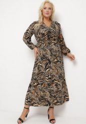 Czarno-Brązowa Sukienka Maxi w Abstrakcyjny Print Wiązana w Pasie Elennora. Czarne sukienki damskie Born2be, bez wzorów, bez ramiączek. Za 99.99 zł.
